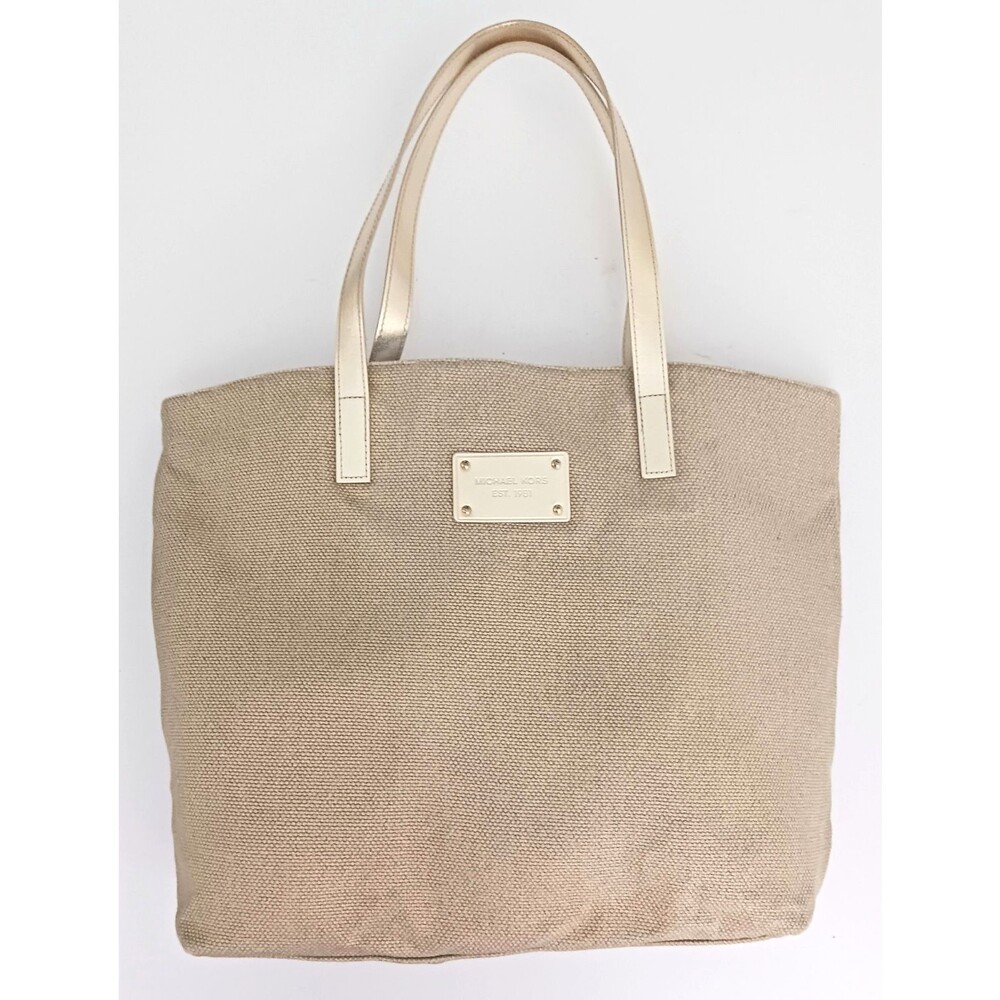 Michael Kors Woven Cotton Lg Tote Bag Gold Vegan Faux Leather Straps 17X13